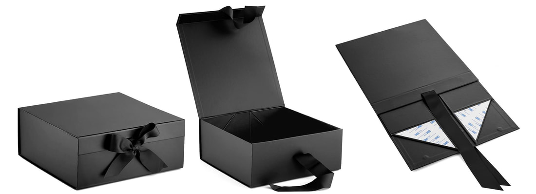 foldable gift boxes with solid color and ribbon closure